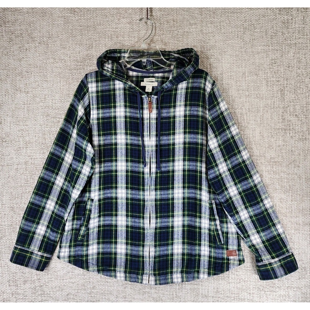 LL Bean Relaxed Fit Hooded Flannel Shirt Jacket Mens M Green Plaid Cotton Zip